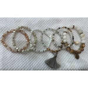 Bohemian Beaded Stretch Bracelet Set 6pc Tassel Shell Stone Cream Gold Brown